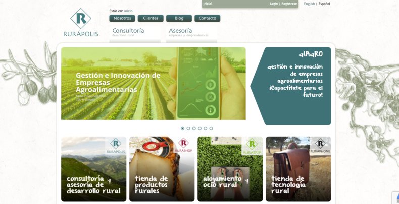 Imagen de página web de Rurápolis, donde presenta todos sus servicios para promover el desarrollo rural