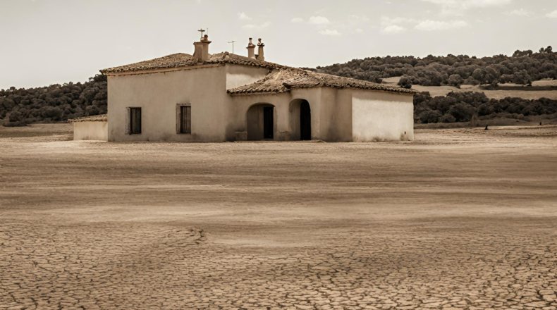 Casa de campo en España rodeada de un paisaje afectado por la sequía, ilustrando el impacto de la crisis climática en los recursos hídricos y la vida rural.