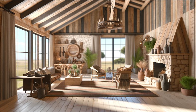 Diseño rústico y acogedor de interior de casa de campo